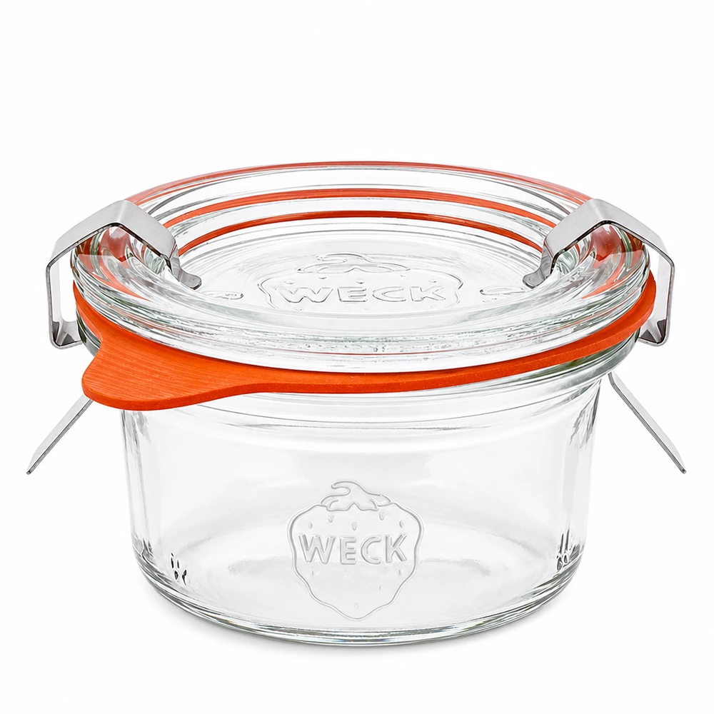WECK Pot renversé de 50ml RR60 avec couvercle en verre et anneau en caoutchouc orange set complet pour la mise en conserve et la conservation