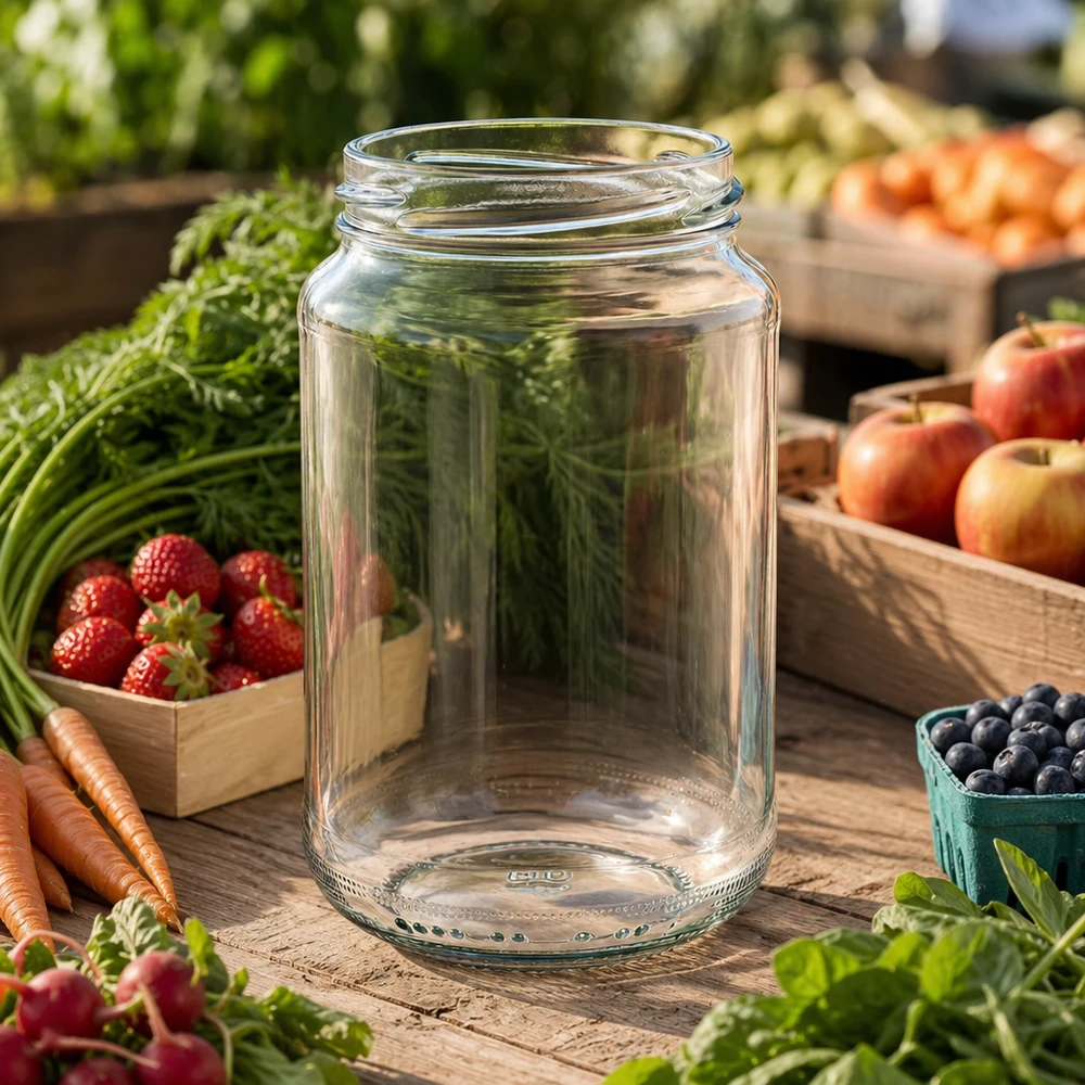 UNiTWIST Runda375 Verre rond 375ml TO63 sur table en bois entouré de légumes frais fruits et herbes aromatiques dans le jardin