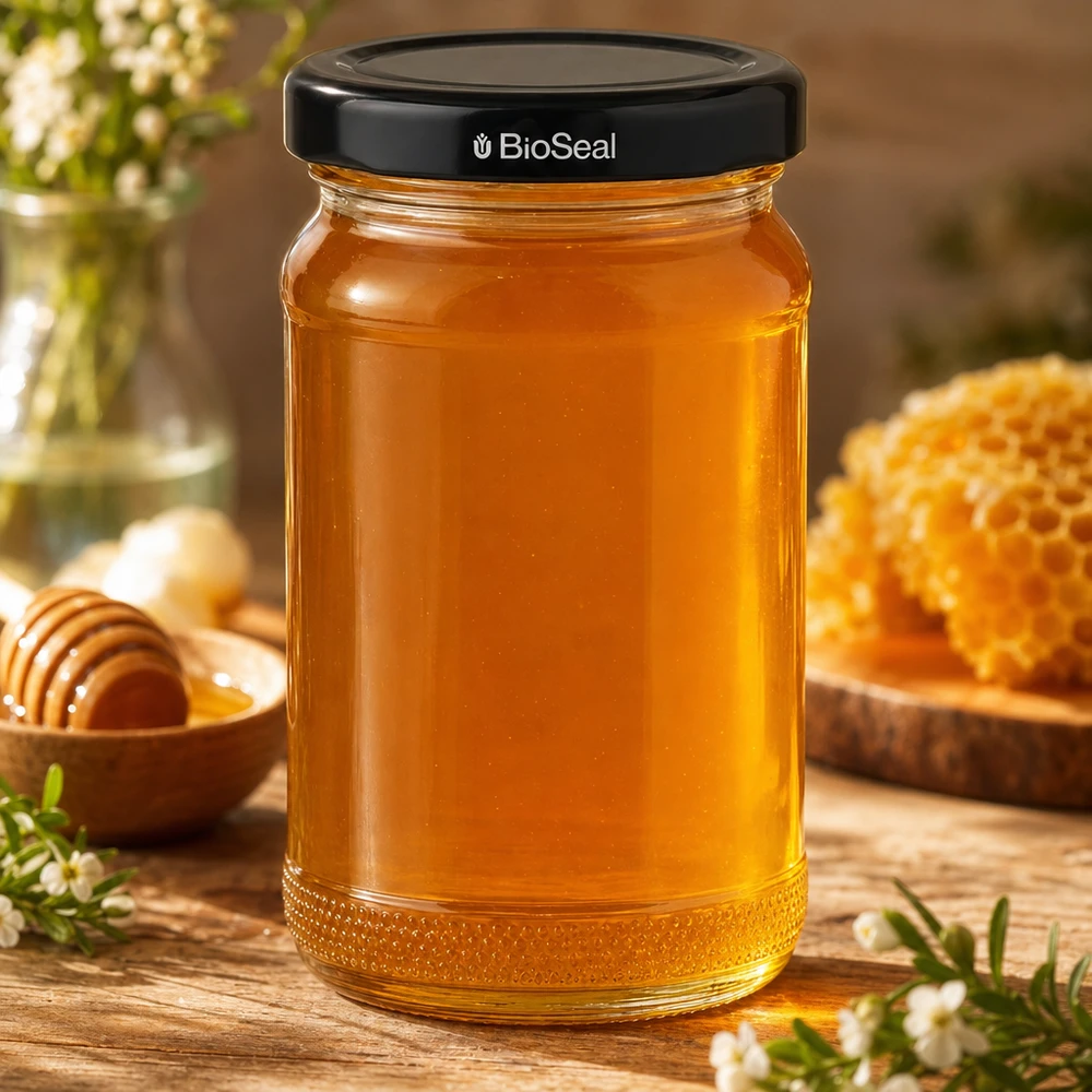 UNiTWIST Runda110 Pot de miel rempli de miel et couvercle noir TO48 BioSeal sur table en bois avec alvéoles