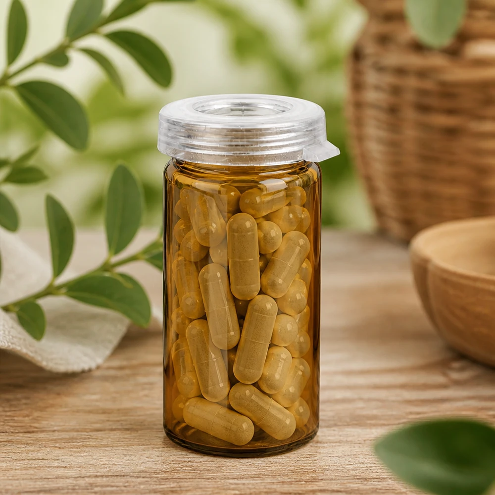 Flacon à comprimés de couleur ambre de 5 ml contenant des gélules jaune doré, posé sur une surface en bois au décor naturel