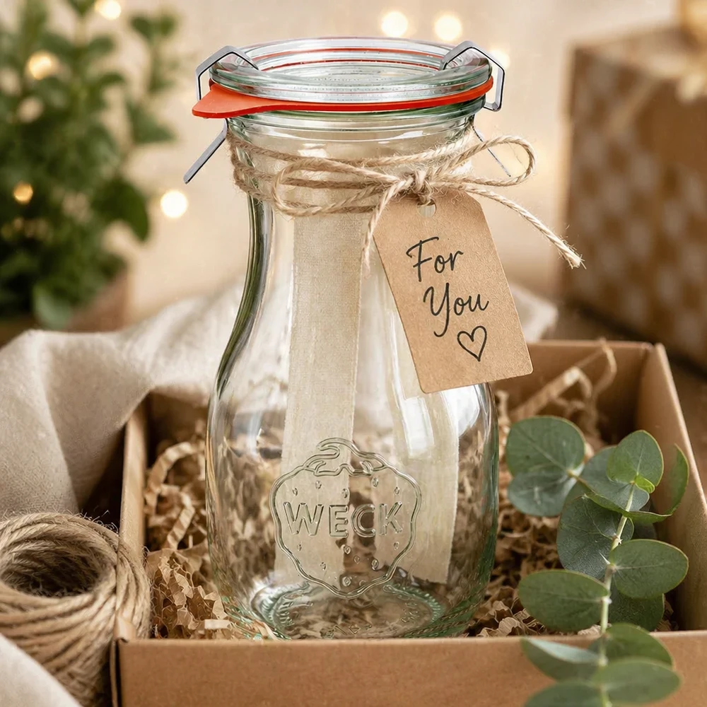 Bouteille à jus de 290 ml, ensemble complet WECK RR60 WECK Bouteille de jus 290ml RR60 décorée comme cadeau avec ruban et pendentif dans une boîte cadeau rustique