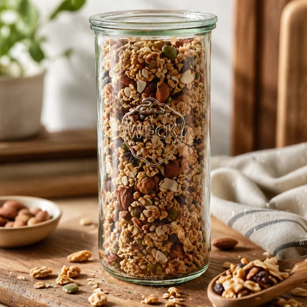 1500ml bocal conique avec bouchon en verre WECK RR100 WECK Bocal 1500ml RR100 rempli de noix, de céréales et de fruits secs sur table en bois Bocal de réserve cuisine