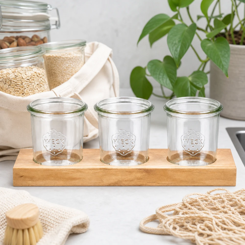 Pots à liqueur vides WECK 140ml sur planche de service en bois Plano3 dans une cuisine durable zéro déchet avec fibres naturelles