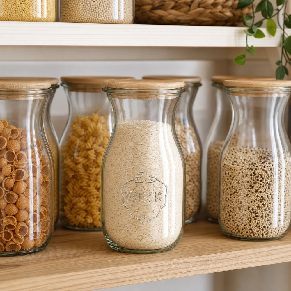 290ml Bouteille à jus de fruits WECK RR60 avec couvercle en bois WECK Saftflasche 290ml mit Holzdeckel als Vorratsjar für Reis in skandinavischer Pantry mit Getreidegläsern