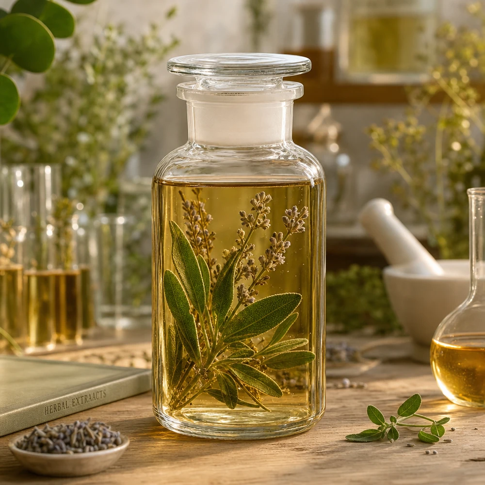 Flacon pharmaceutique 500 ml col large + bouchon verre clair Flacon de laboratoire transparent de 500 ml avec bouchon en verre et extrait de plantes sur une table en bois