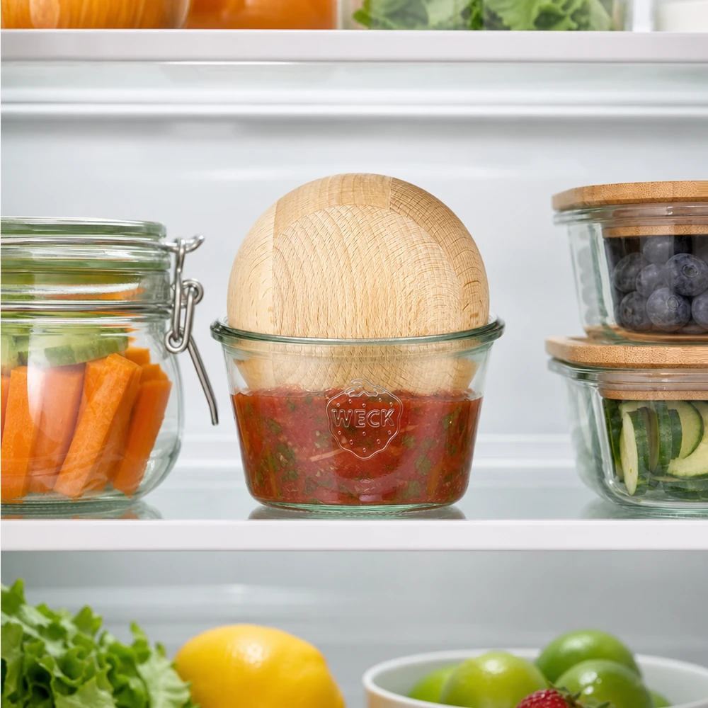 WECK Pot renversé 370ml RR100 Réfrigérateur Conservation Salsa Dip Boule de hêtre à côté de légumes Ingrédients frais