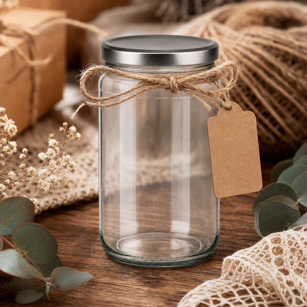 305ml Verre rond avec couvercle BasicSeal argent UNiTWIST Verre rond de 305ml avec couvercle BasicSeal argenté décoré avec une ficelle de jute et une étiquette en papier kraft sur une table en bois rustique