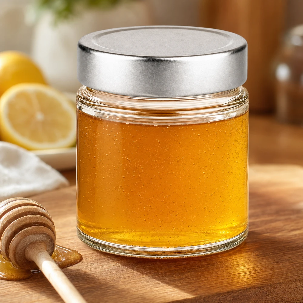 135ml verre rond argent couvercle rempli de miel doré cuillère à miel citron cuisine aliments naturels verre
