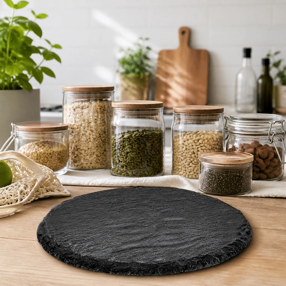 Plateau en ardoise rond Ø 150 mm Ardoise ronde 150mm sur table en bois dans une cuisine durable zéro déchet avec des bocaux de stockage et des herbes aromatiques