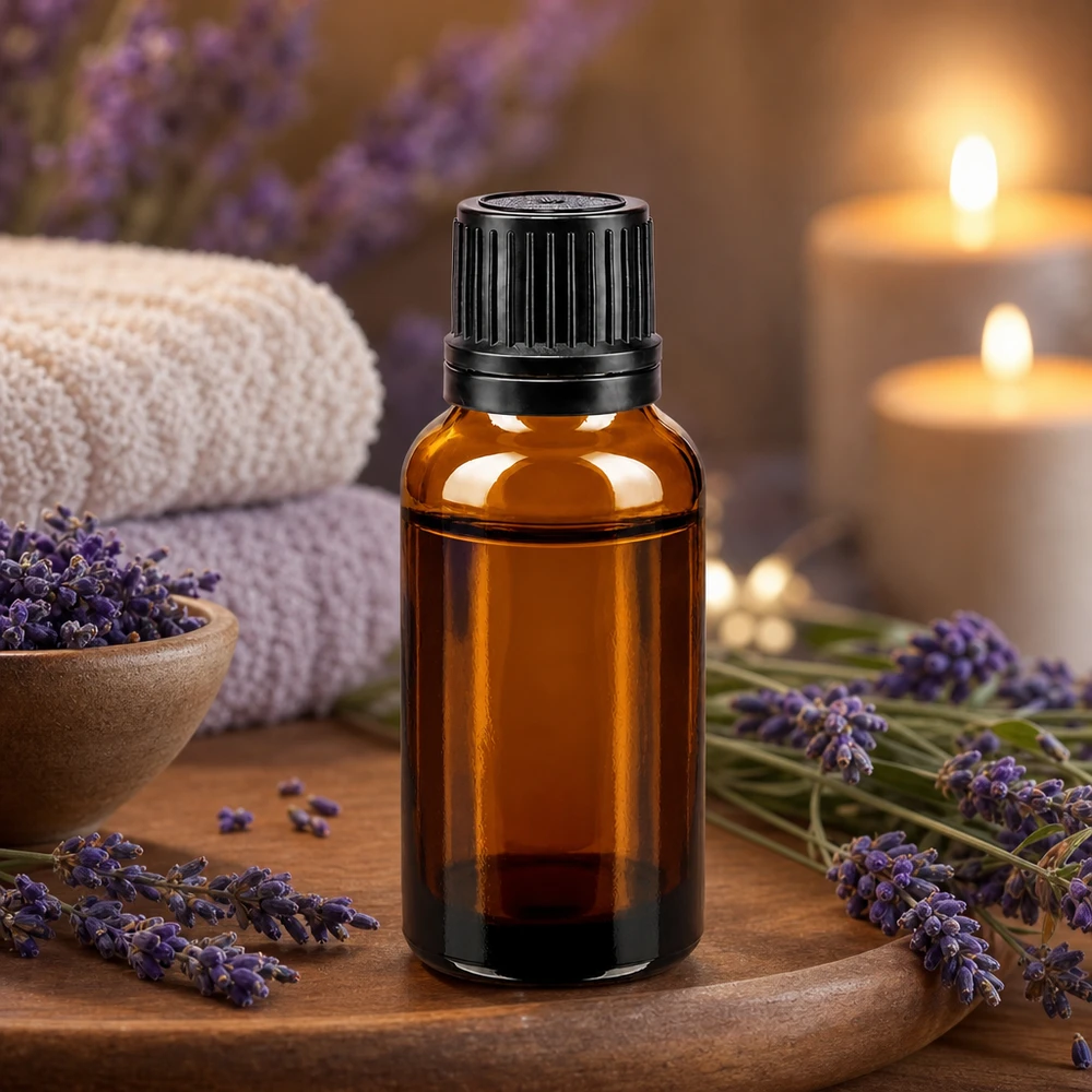 Flacon en verre ambré de 20 ml avec bouchon compte-gouttes noir et ouverture de 8 mm, destiné à l'aromathérapie et aux cosmétiques naturels