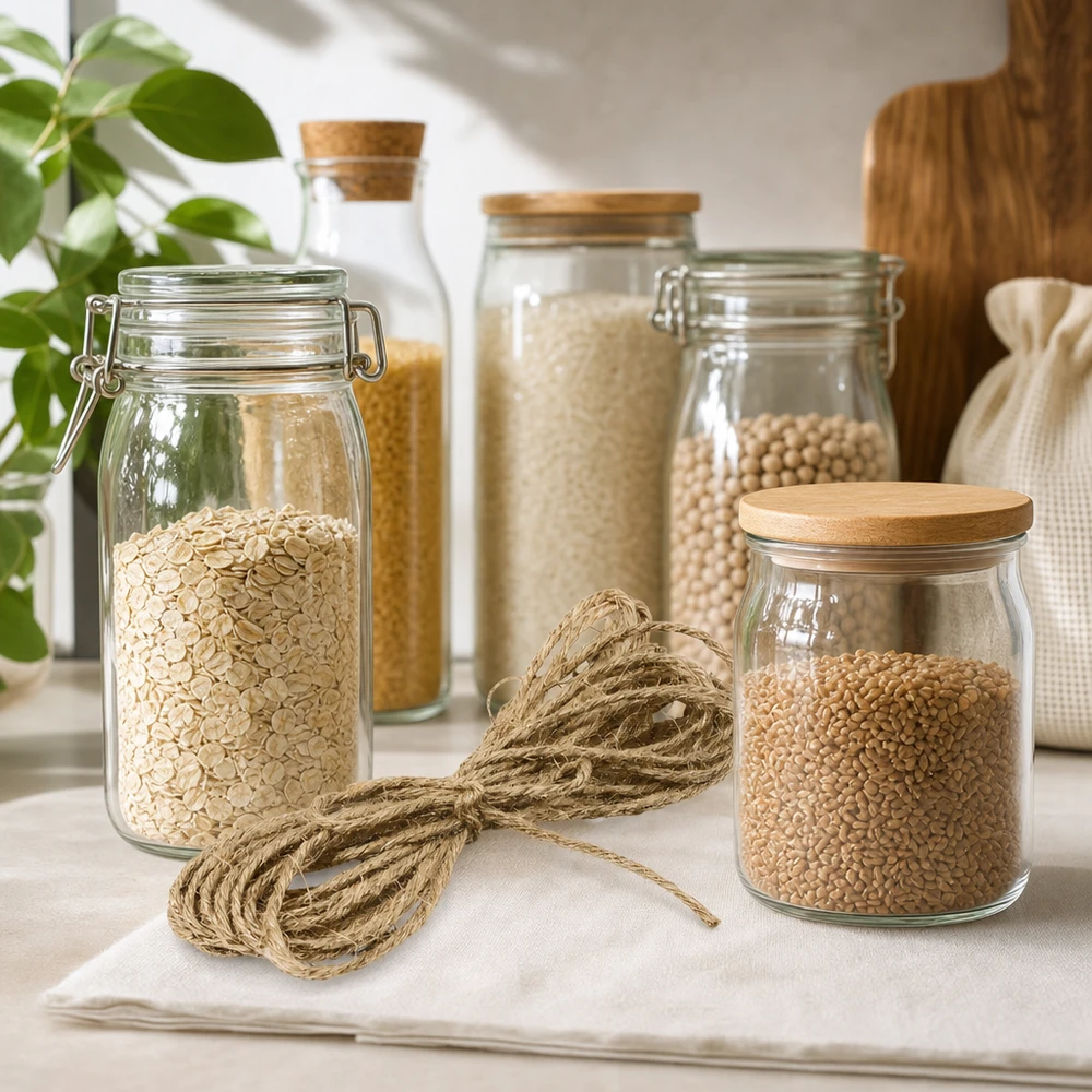 Corde naturelle de jute 300cm entre des bocaux de stockage avec des céréales et des légumineuses décorés sur le plan de travail de la cuisine