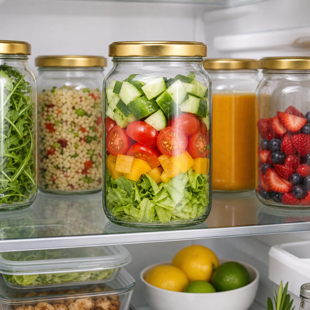 1700ml Verre rond avec couvercle BasicSeal or UNiTWIST 1700ml bocal rond avec couvercle doré BasicSeal dans le réfrigérateur montre Meal Prep avec salade et stockage sain