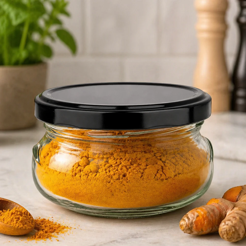 Pot à terrine de 120ml rempli de poudre de curcuma jaune, couvercle noir, ambiance cuisine avec racines de curcuma fraîches
