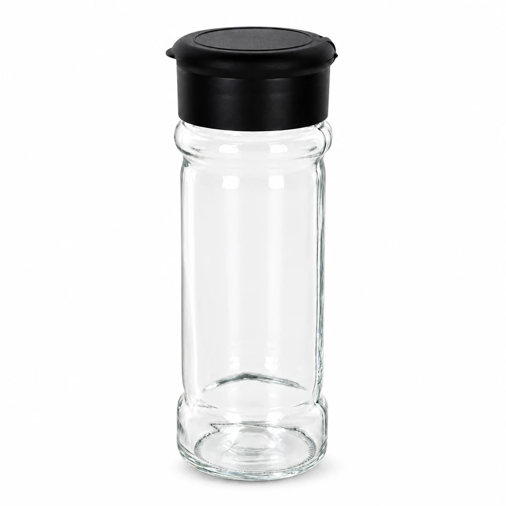 Pot à sel/épices 100 ml avec saupoudreuse, noir Pot à épices cylindrique en verre transparent de 100 ml, muni d'un couvercle saupoudreur en plastique noir s'ouvrant par le haut