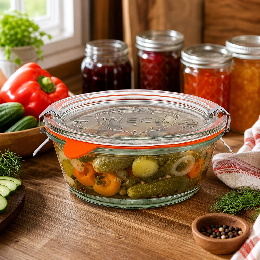 300ml bocal gourmet complet WECK RR120 WECK 300ml pot gourmet RR120 dans la cuisine avec des légumes marinés, bocaux en arrière-plan, atmosphère de cuisine