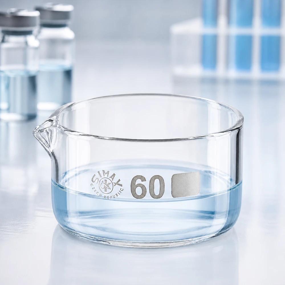 Coupelle de cristallisation 60 ml avec bec verseur Bol de cristallisation 60 ml Simax, bol en verre plat, bec verseur, repère au fond, de laboratoire, cylindrique, transparent