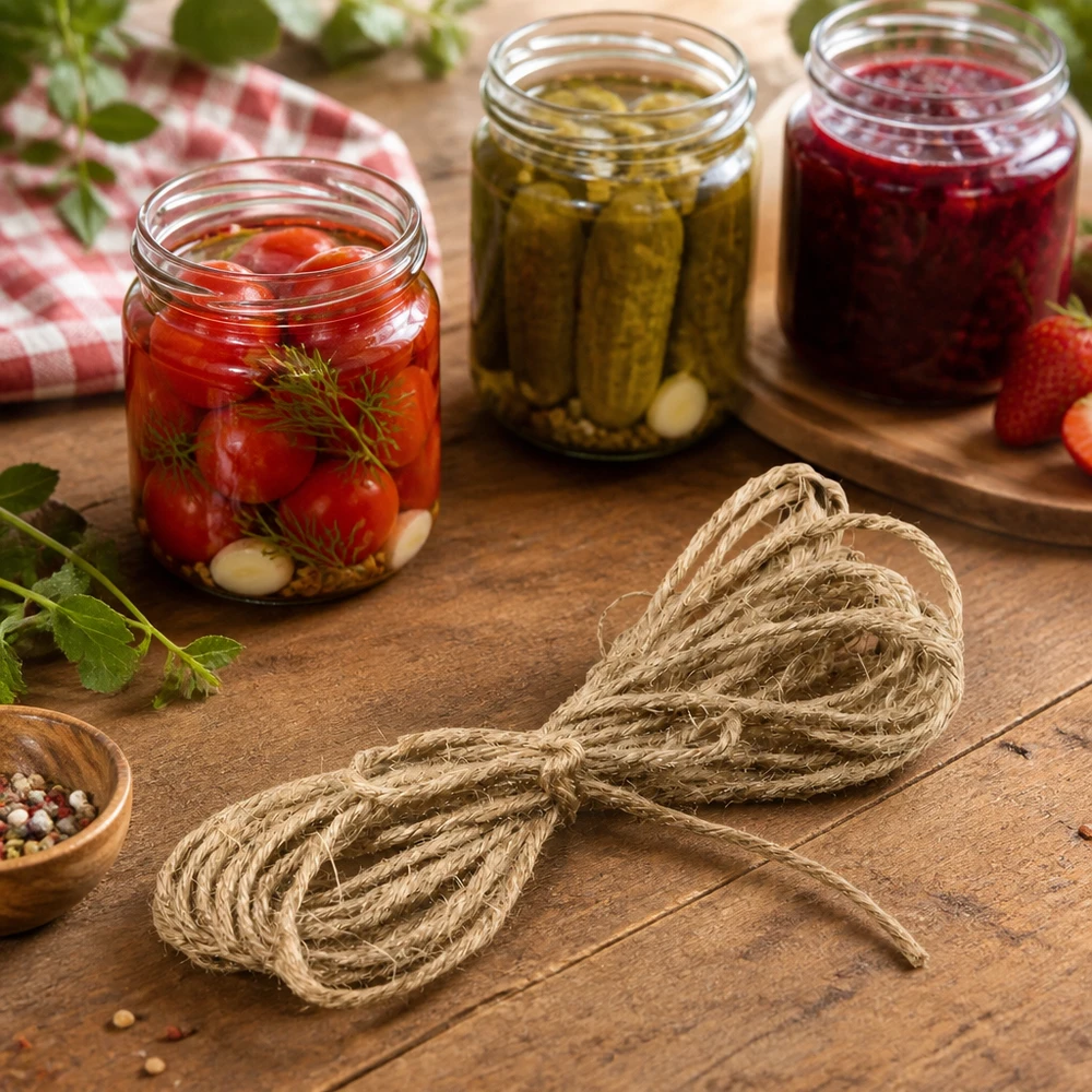 Corde naturelle en jute 300cm posée de manière décorative à côté de bocaux de légumes sur une table en bois rustique