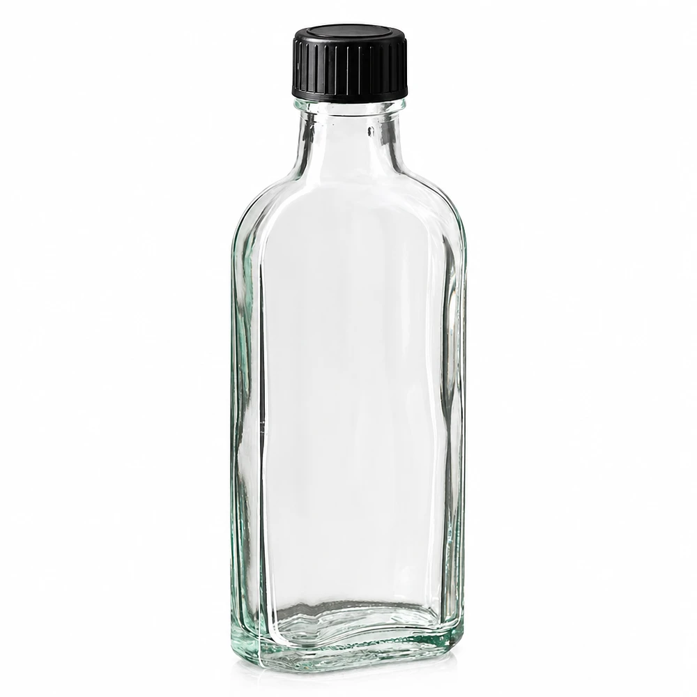 Flasque transparente de 100 ml au goulot DIN 22, avec bouchon à vis DIN 22 noir et joint PEE Flacon Meplat transparent en verre de 100 ml, muni d'un bouchon à vis noir et d'un joint en EPE