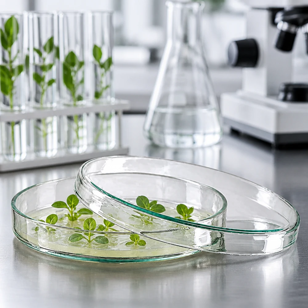 Boîte de Petri en verre 100 x 15 mm Boîtes de Pétri en verre de 100 x 15 mm contenant des jeunes plants verts sur un milieu de culture jaunâtre, dans un laboratoire
