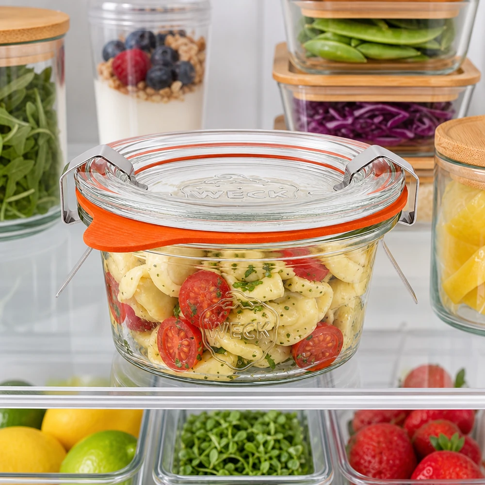 WECK Pot renversé de 50ml RR60 au réfrigérateur rempli de salade de pâtes parmi d'autres récipients alimentaires pour la conservation