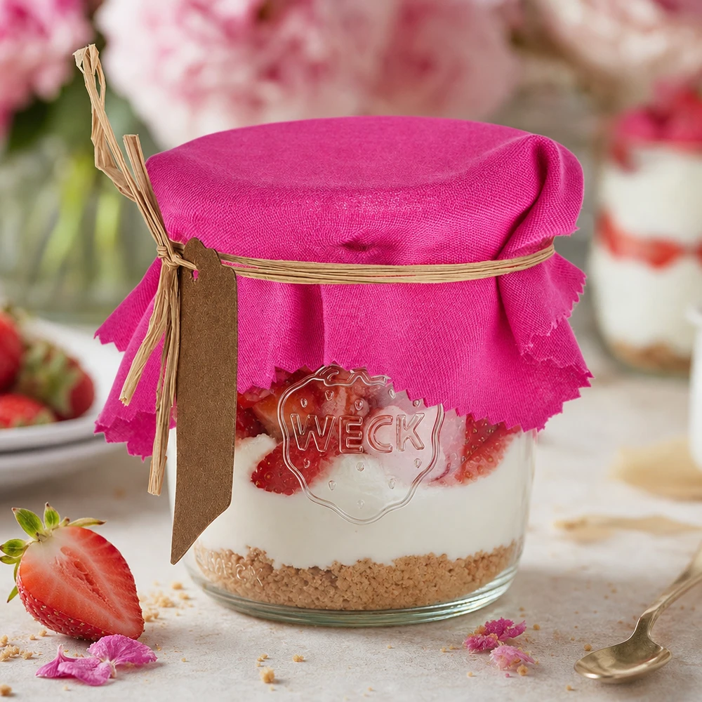 Cache-bijoux en tissu rose 12cm carré Décoration DIY pour bocal avec dessert à la fraise et instructions de bricolage
