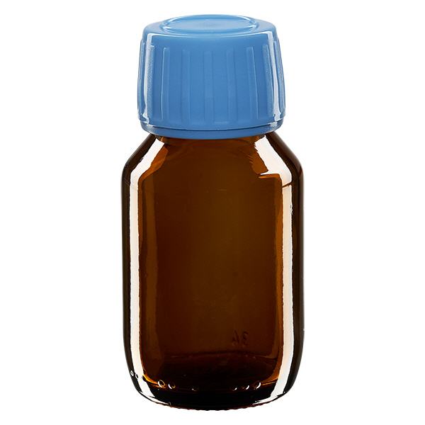 Flacon médical 50 ml couleur ambrée avec bouchon bleue Flacon médical 50 ml couleur ambrée avec bouchon bleue