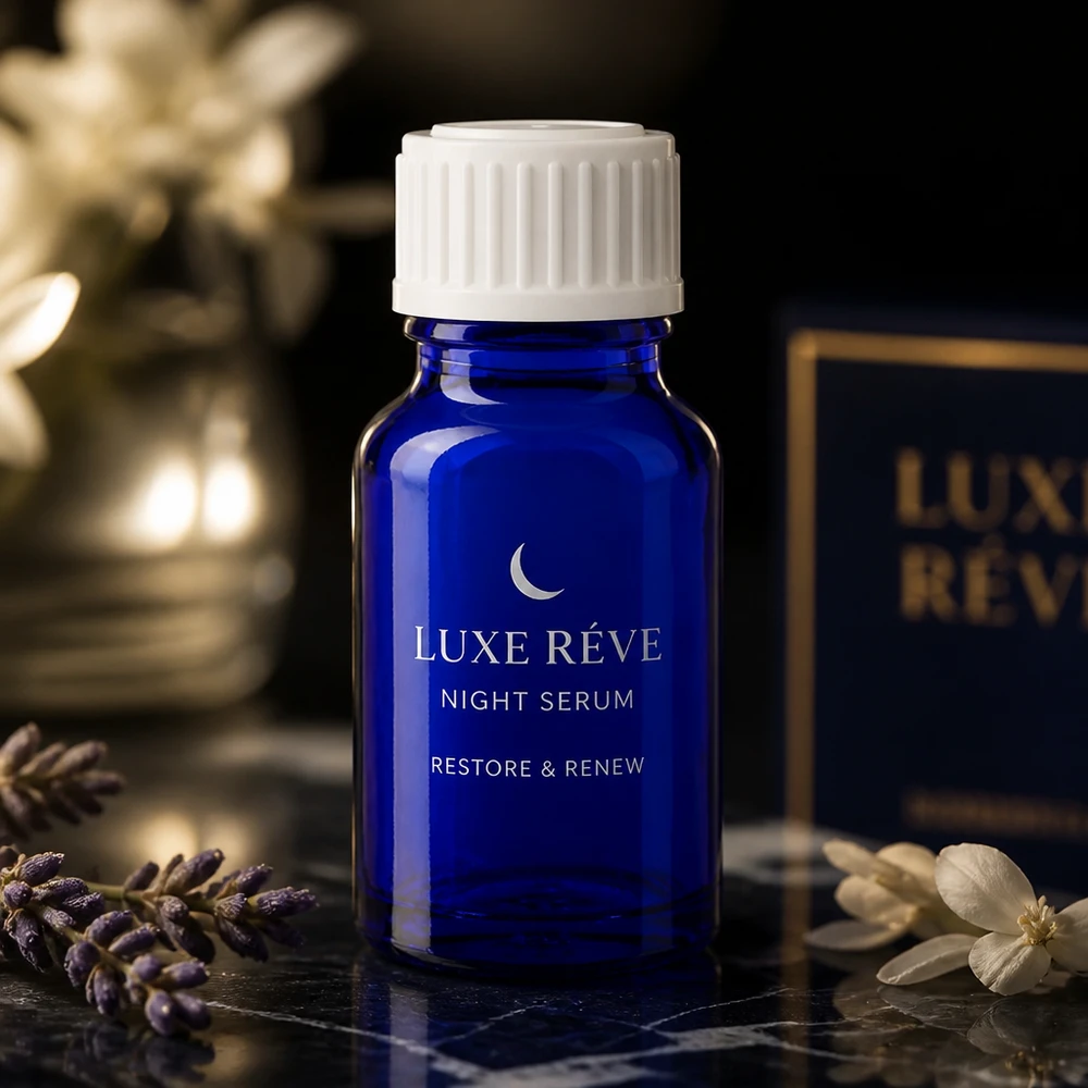 Sérum de nuit Luxe Reve présenté dans un flacon de pharmacie bleu cobalt de 10 ml muni d'un bouchon à vis blanc