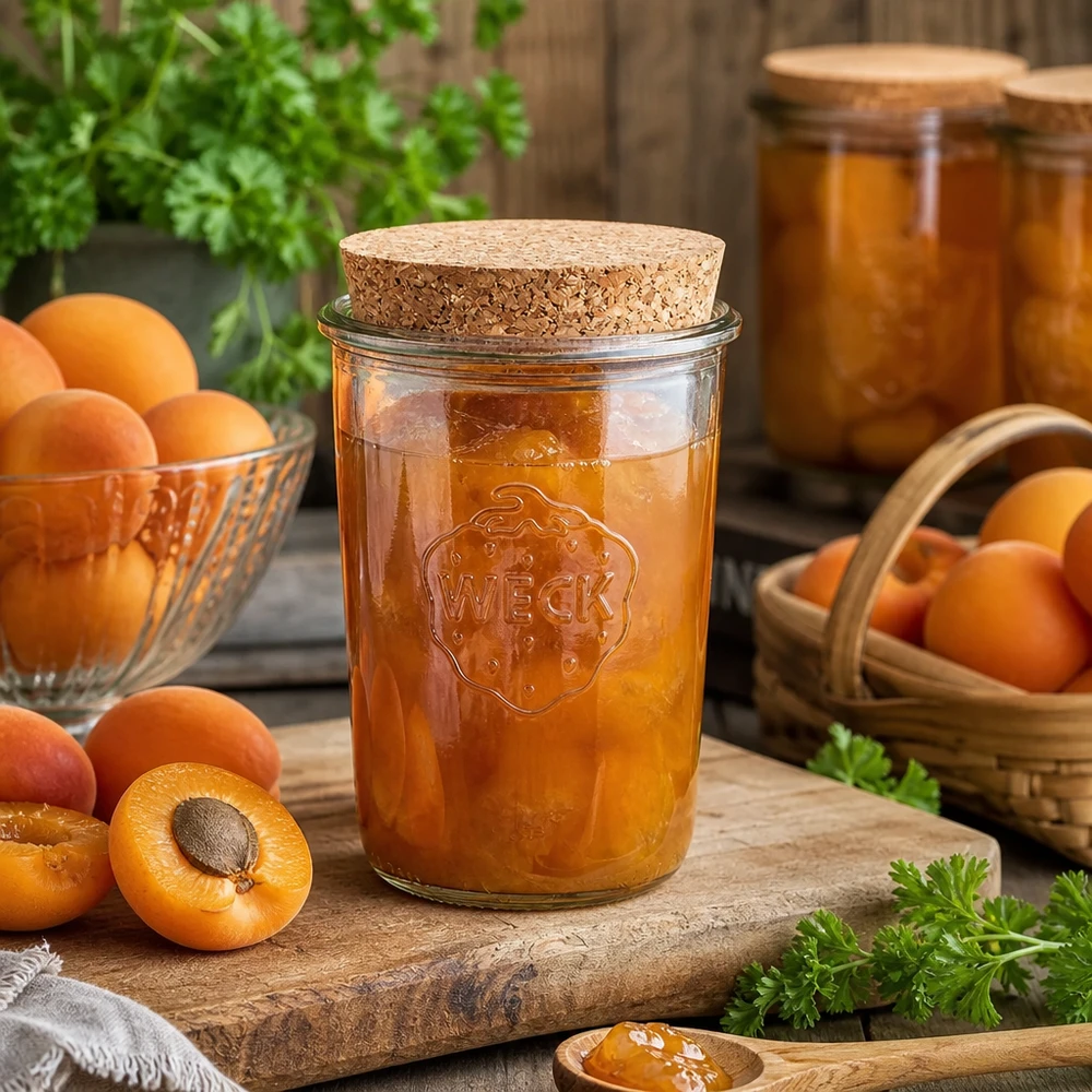 WECK RR100 Pot renversé de 850 ml avec bouchon rempli de confiture d'abricots à côté d'abricots frais sur une table en bois