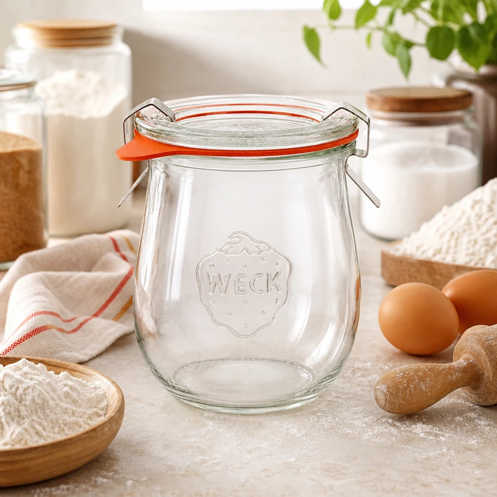 WECK Pot tulipe 220ml RR60 dans le fournil avec farine oeufs et ustensiles de cuisine Pot de conservation pour ingrédients de pâtisserie