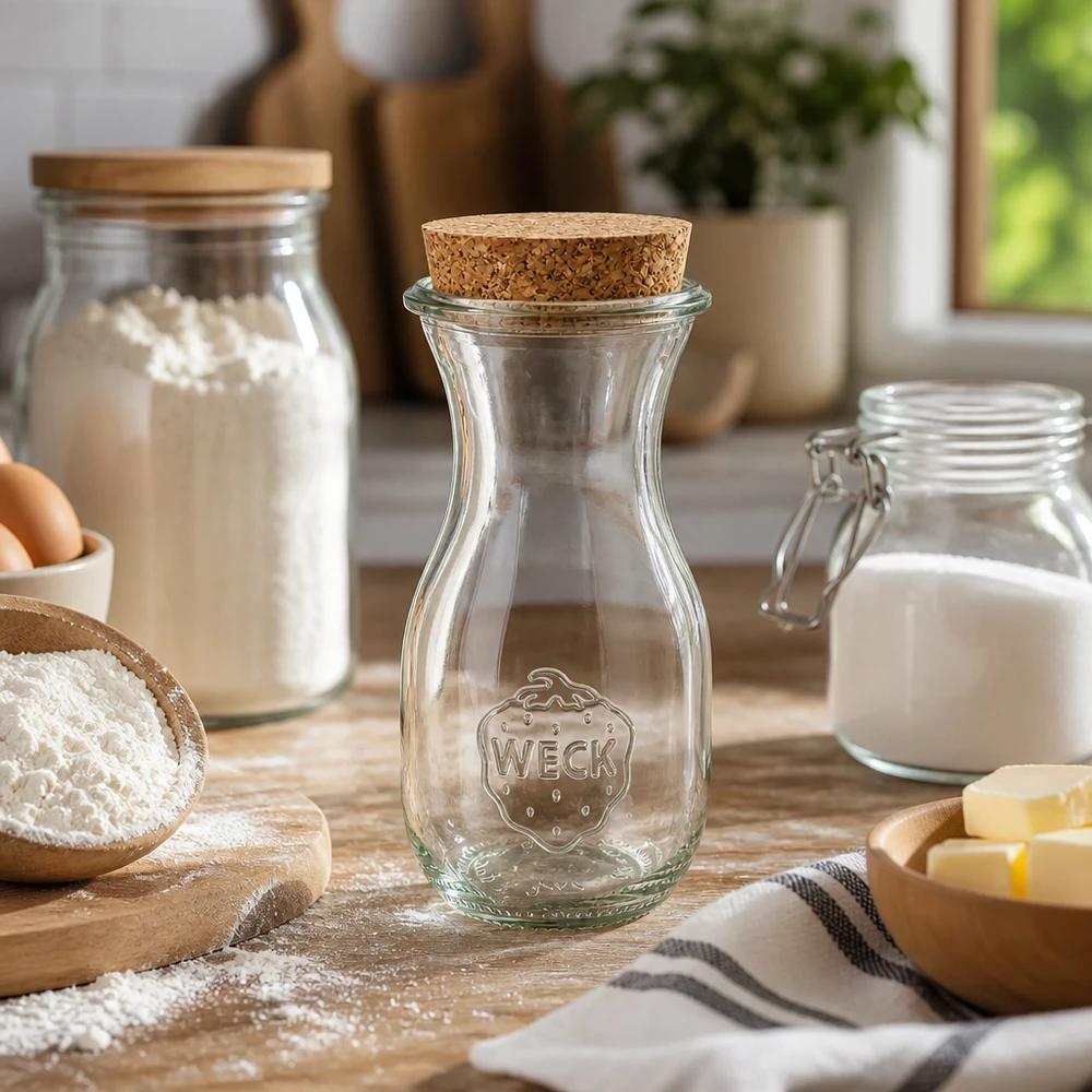 WECK Bouteille de jus 290ml RR60 vide dans la cuisine entourée d'ingrédients de cuisson farine lait beurre sur planche en bois style campagnard