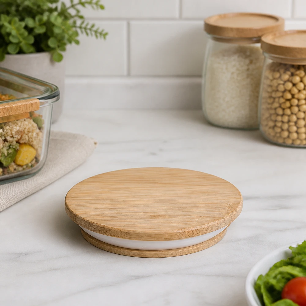 Couvercle en bois RR80 WECK WECK Couvercle en bois RR80 sur plan de travail en marbre avec bocaux à provisions et récipients Meal-Prep dans une cuisine moderne