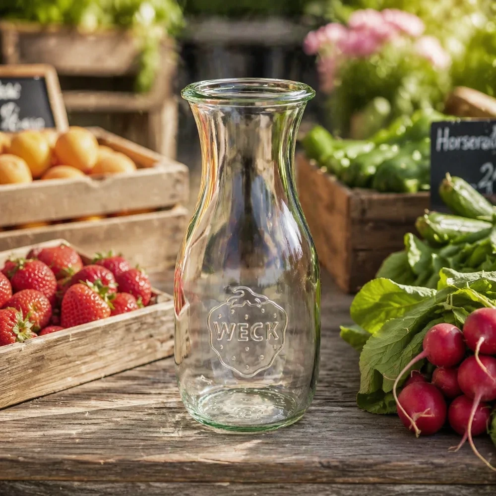 Bouteille à jus WECK RR60 de 530 ml WECK Bouteille de jus 530ml RR60 sur table en bois avec fraises fraîches radis et légumes dans une cuisine rustique