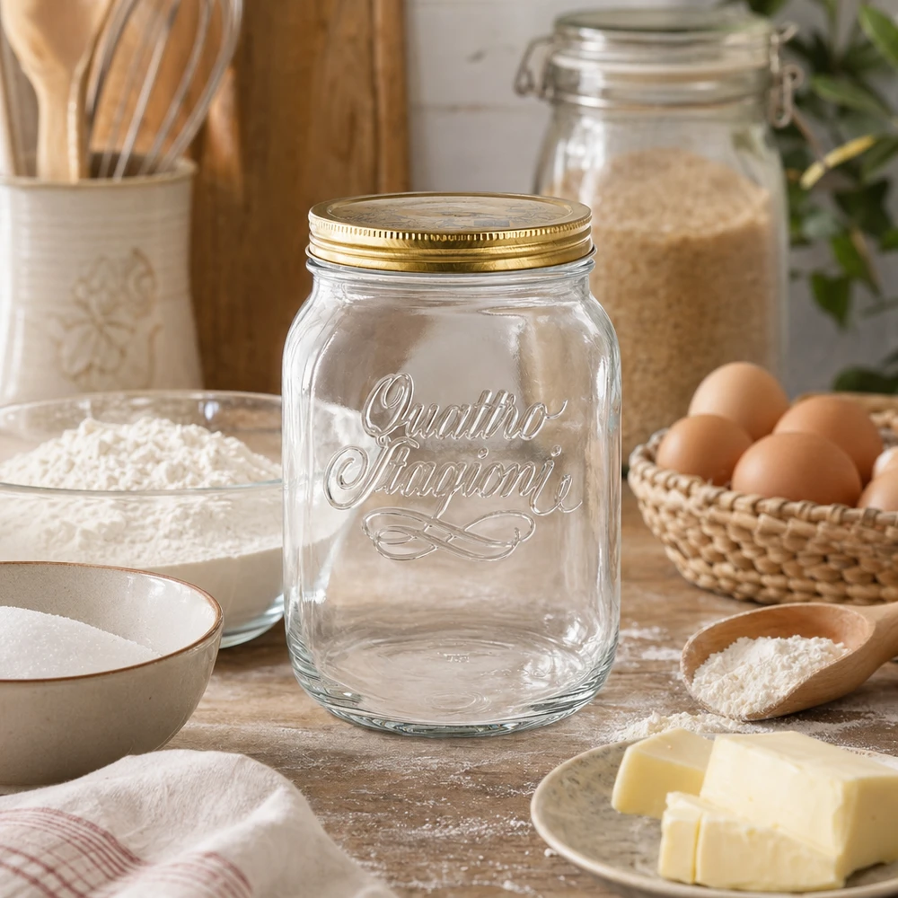 Quattro Stagioni 2000ml bocal en verre dans une cuisine rustique avec des ingrédients de boulangerie - bocal italien pour la farine
