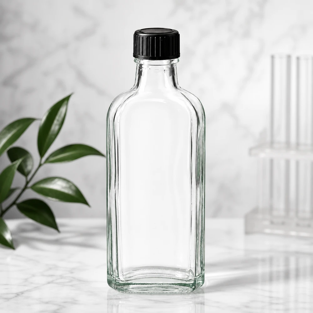 Flacon en verre Meplat transparent de 100 ml, vide, avec bouchon à vis noir, sur fond de marbre