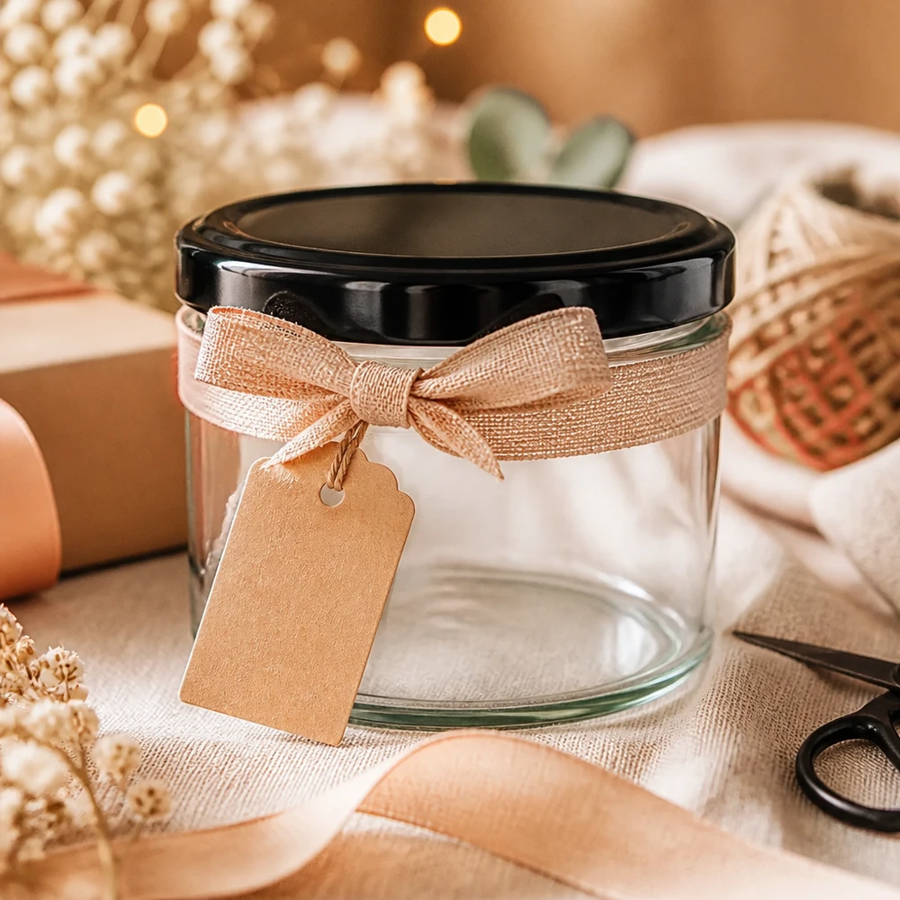 Verre renversé de 225 ml avec couvercle noir, décoré d'un ruban brun et d'une étiquette cadeau.
