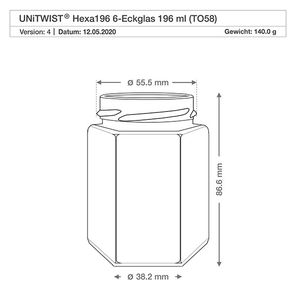 196ml Verre hexagonal sans couvercle (TO58) UNiTWIST UNiTWIST Hexa196 bocal hexagonal de 196ml TO58 avec filetage Dessin technique avec dimensions 55,5mm diamètre