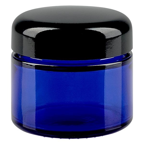 Pot en verre 50ml bleu royal, avec couvercle noir Pot en verre 50ml bleu royal, avec couvercle noir