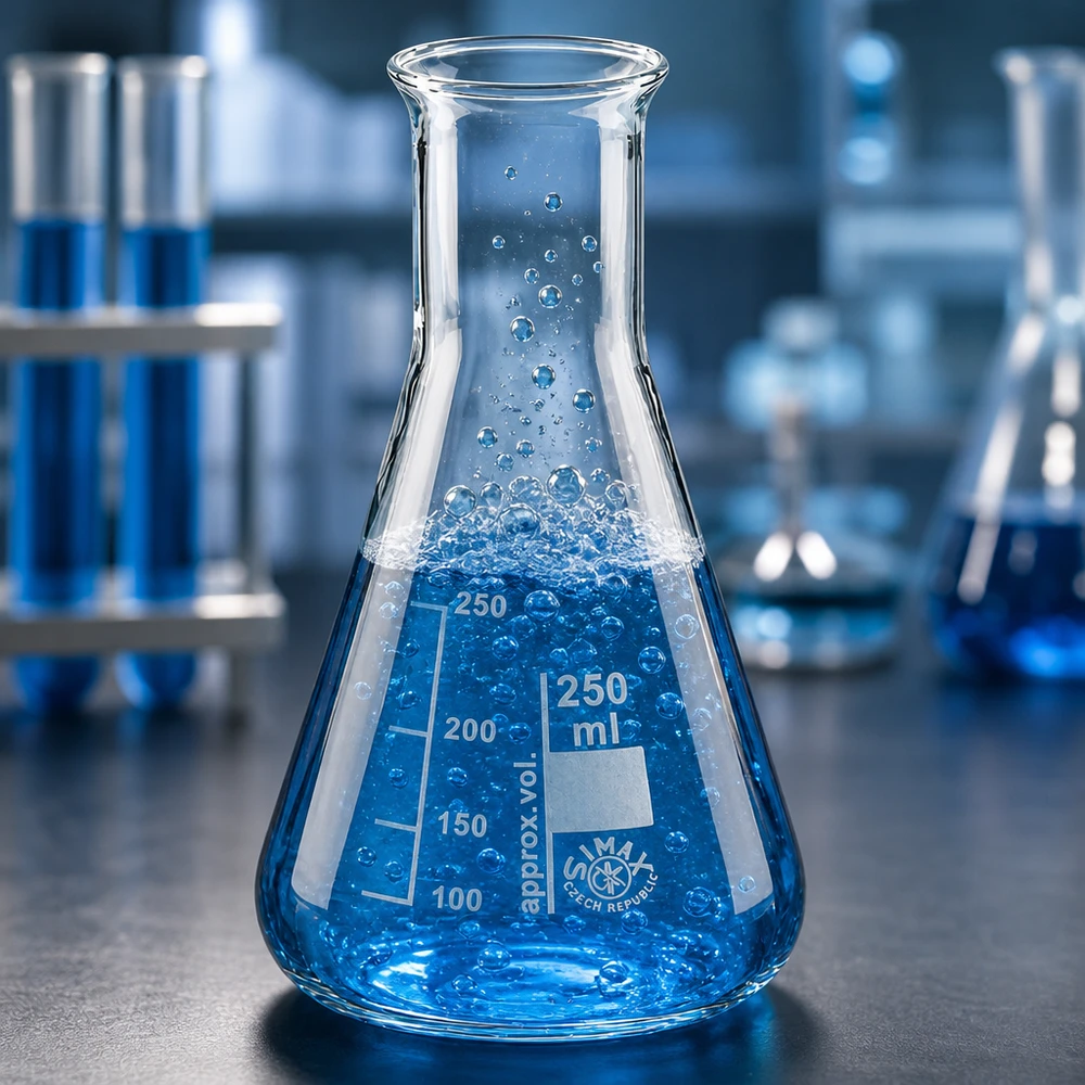 Erlenmeyer 250ml col large, verre borosilicate Erlenmeyer de 250ml rempli de produit chimique bleu réactif dans un environnement de laboratoire stérile