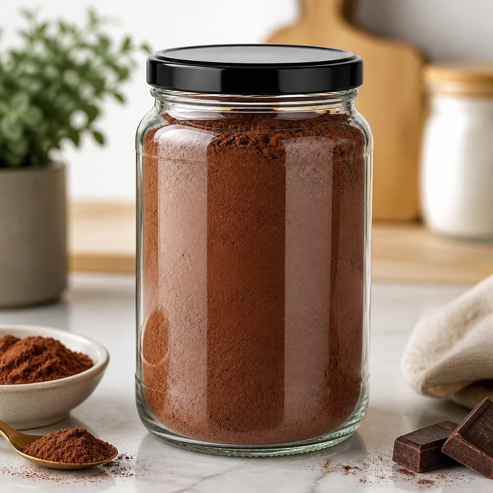 1700ml Verre rond avec couvercle BasicSeal noir UNiTWIST Cacao en poudre dans un bocal rond de 1700ml avec couvercle noir Scène de cuisine Conservation chocolat en poudre Récipient de stockage