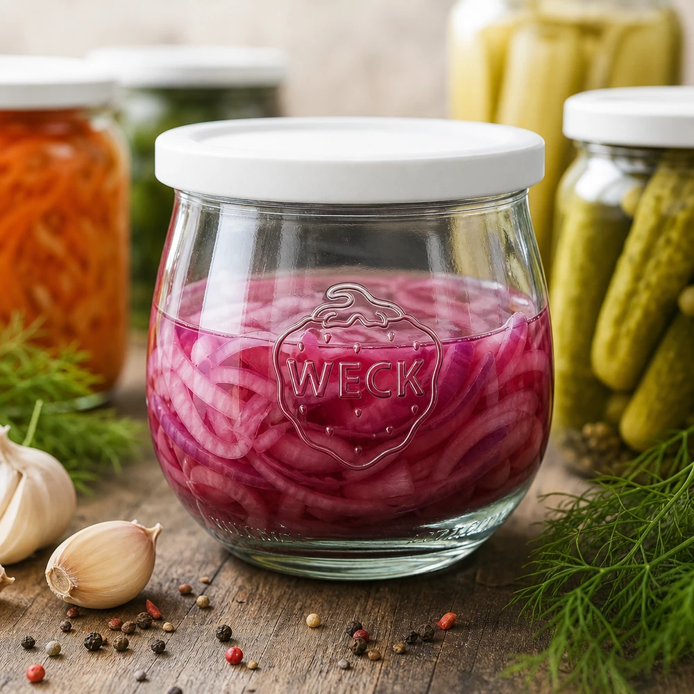 WECK Pot tulipe 370ml RR80 avec chou rouge mariné à côté de l'ail, grains de poivre et autres bocaux de conservation