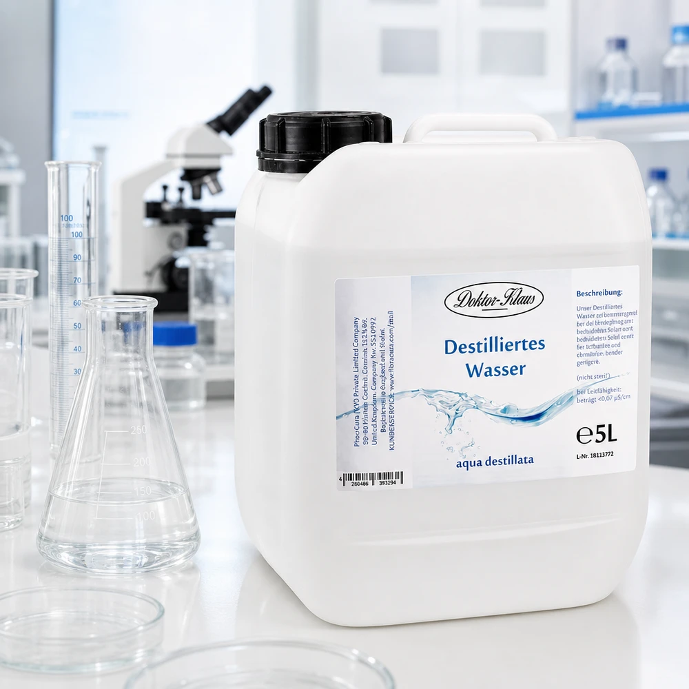 Doktor-Klaus 5L d'eau distillée dans un bidon pratique avec poignée ergonomique pour une manipulation facile