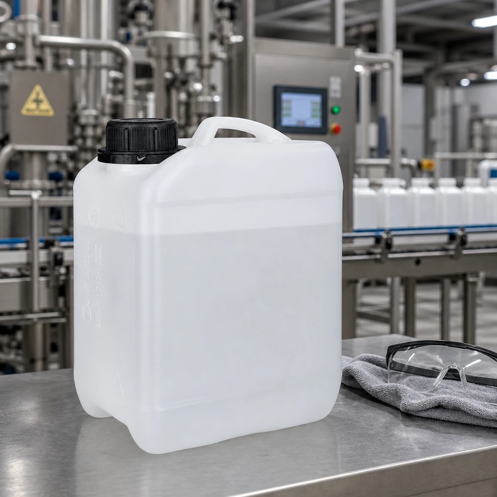 Bidon de 2.5 litres avec bouchon vissable bouchon d'inviolabilité Bidon compact de 2,5 litres muni d'un bouchon à vis OV, posé sur un plan de travail en acier inoxydable dans un environnement industriel