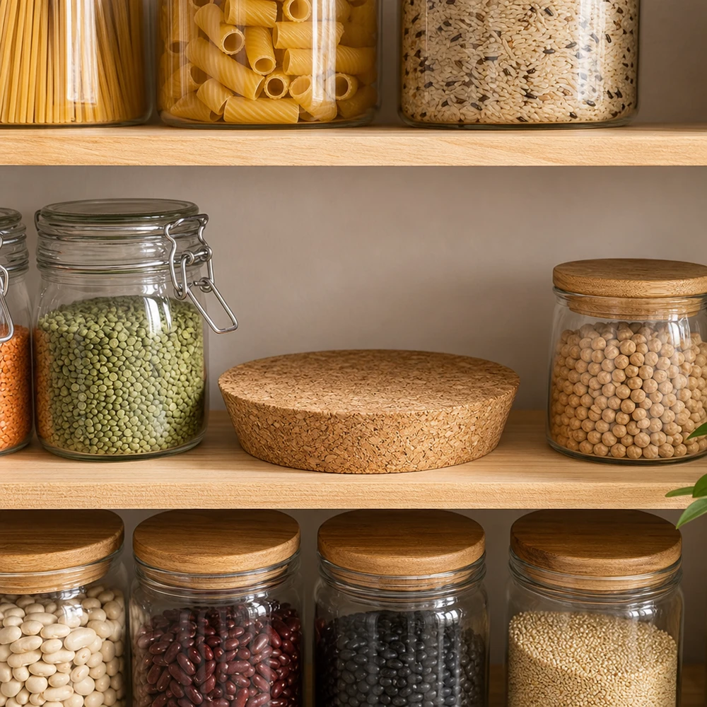 WECK Bouchons RR100 94mm dans étagère de stockage organisée avec légumes secs pâtes conservation durable de la cuisine