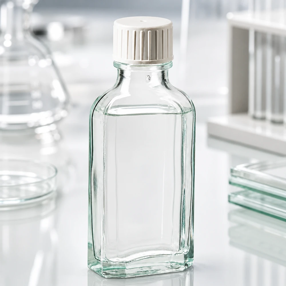 Flasque transparente de 50 ml au goulot DIN 22, avec bouchon à vis DIN 22 blanc et bague anti-gouttes Flacon rectangulaire en verre transparent de 50 ml, muni d'un bouchon blanc rainuré et d'un bec verseur intégré