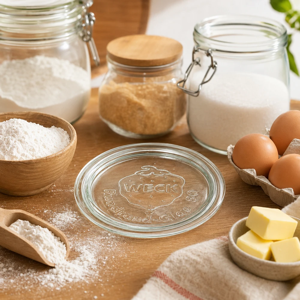 WECK Couvercle en verre RR80 au milieu d'ingrédients de cuisson comme la farine, les œufs, le beurre et le lait dans une cuisine rustique sur une table en bois