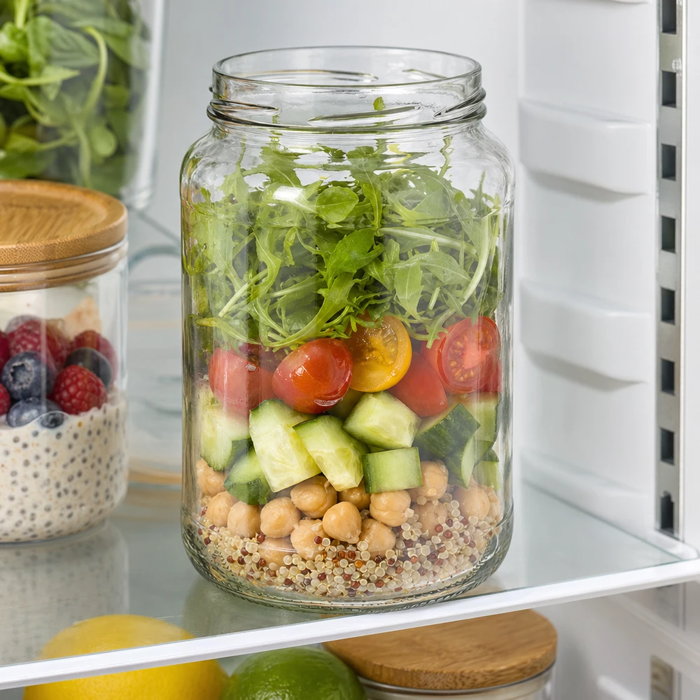 1700ml Verre rond sans couvercle (TO100) UNiTWIST UNiTWIST Runda1700 Verre renversé 1700ml TO100 avec salade stratifiée quinoa pois chiches concombre tomate roquette au réfrigérateur