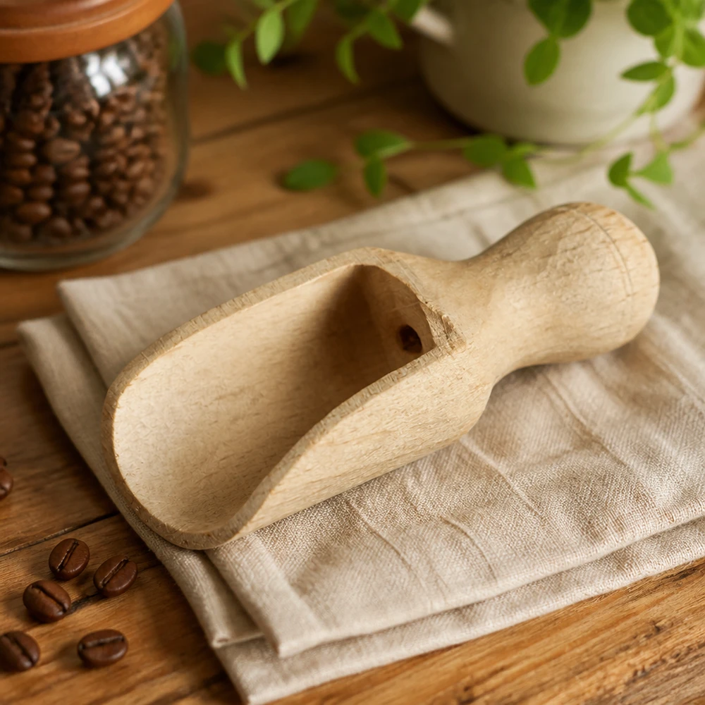 Pelle en bois XS 5,2cm sur toile de lin avec grains de café et boîte en verre dans une ambiance de cuisine naturelle