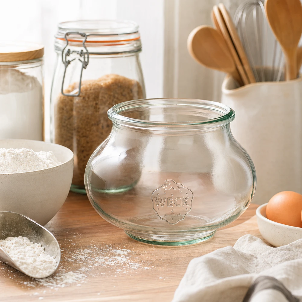 WECK Verre à bijoux 560ml RR80 Verre vide dans une scène de cuisine avec des ingrédients de boulangerie farine oeufs et ustensiles en bois