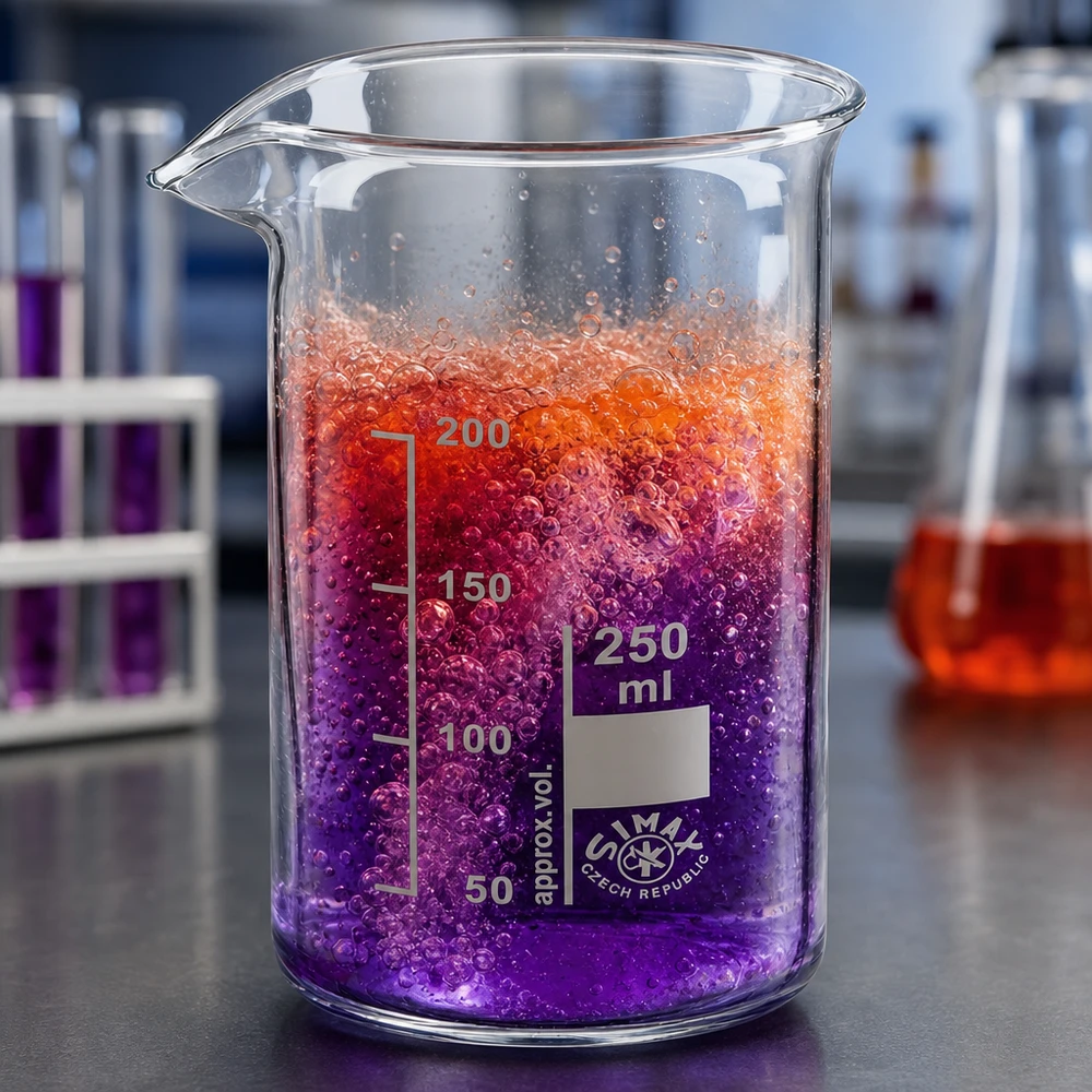 Bécher 250ml en verre borosilicate résistant à la chaleur (forme haute) Bécher de 250 ml, de forme haute, contenant un liquide de réaction violet-orange et présentant la formation de bulles dans un laboratoire