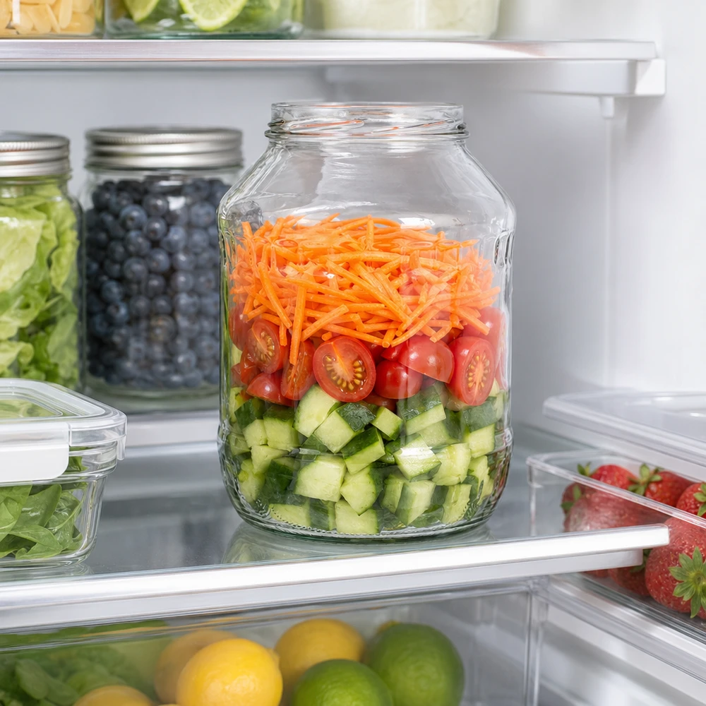 2650ml Verre rond sans couvercle (TO100) UNiTWIST UNiTWIST Runda2650 Pot renversé 2650ml dans le réfrigérateur avec salade stratifiée de concombres tomates carottes Meal Prep